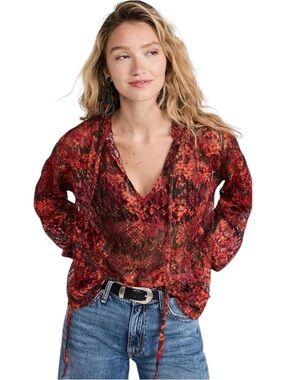 FREE PEOPLE OUT FOR THE NIGHT SHEER  LACE BOHO BLOUSE